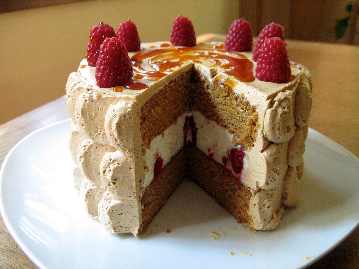 Caramel Cake with Raspberries and Cream